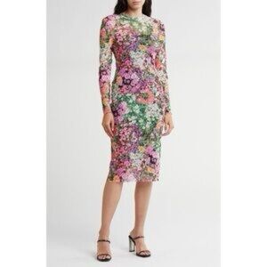 AFRM Multicolor Floral Long-Sleeve Midi Dress (Pink, Green)